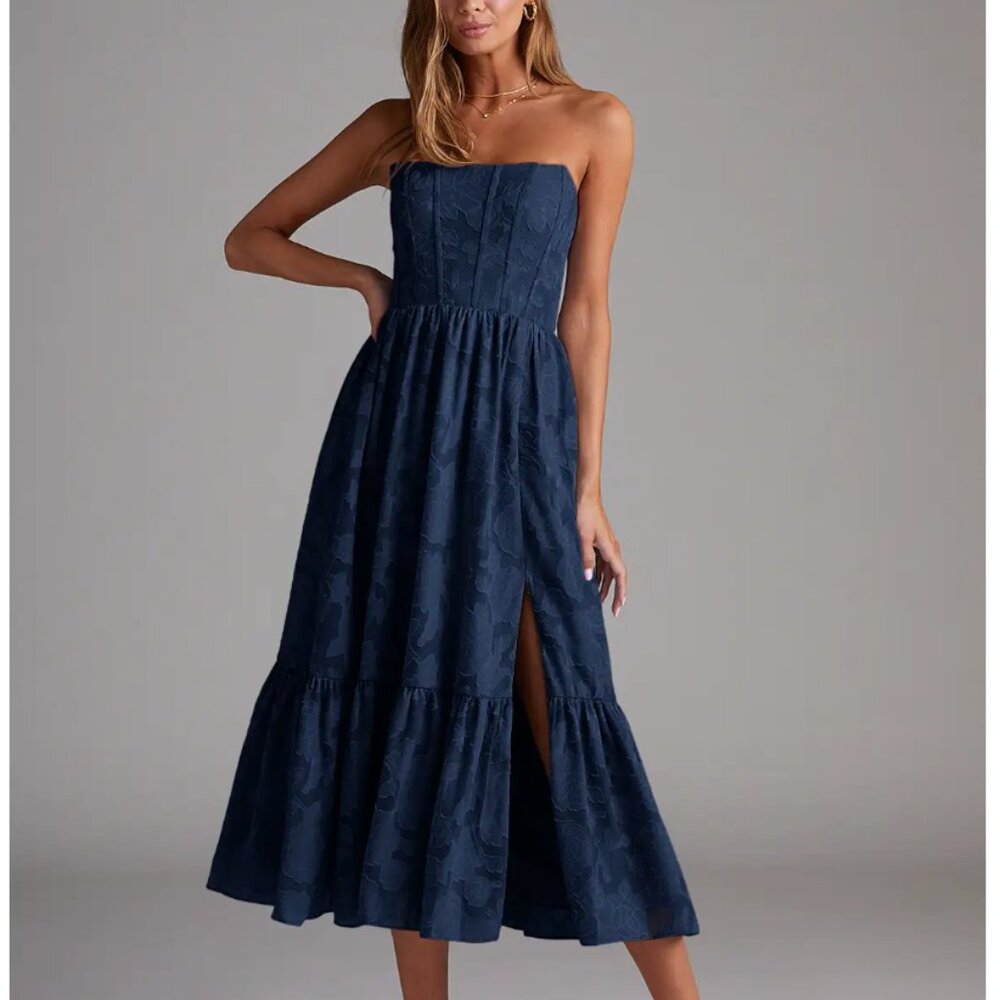 Azazie Navy Strapless Jacquard Tiered Midi Dress